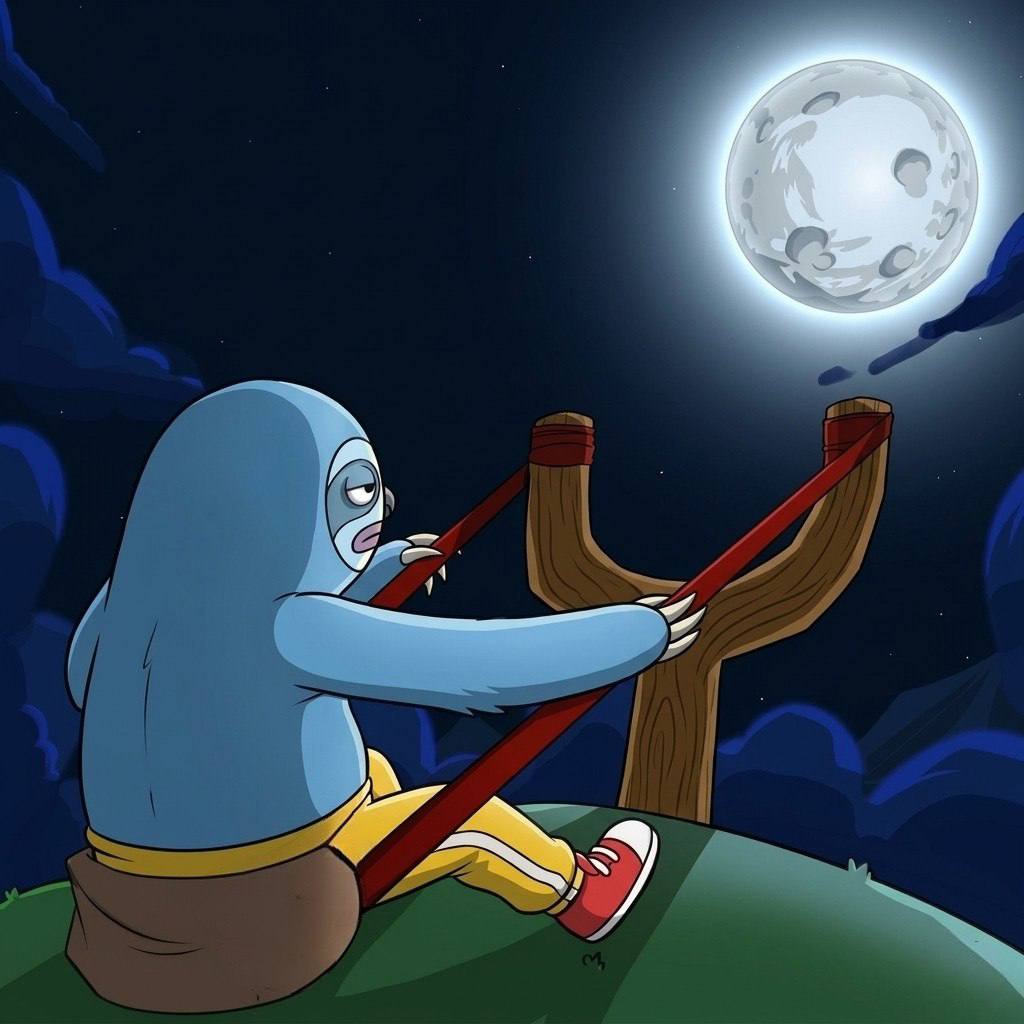 NYXOR pulling back a giant slingshot aimed at the moon
